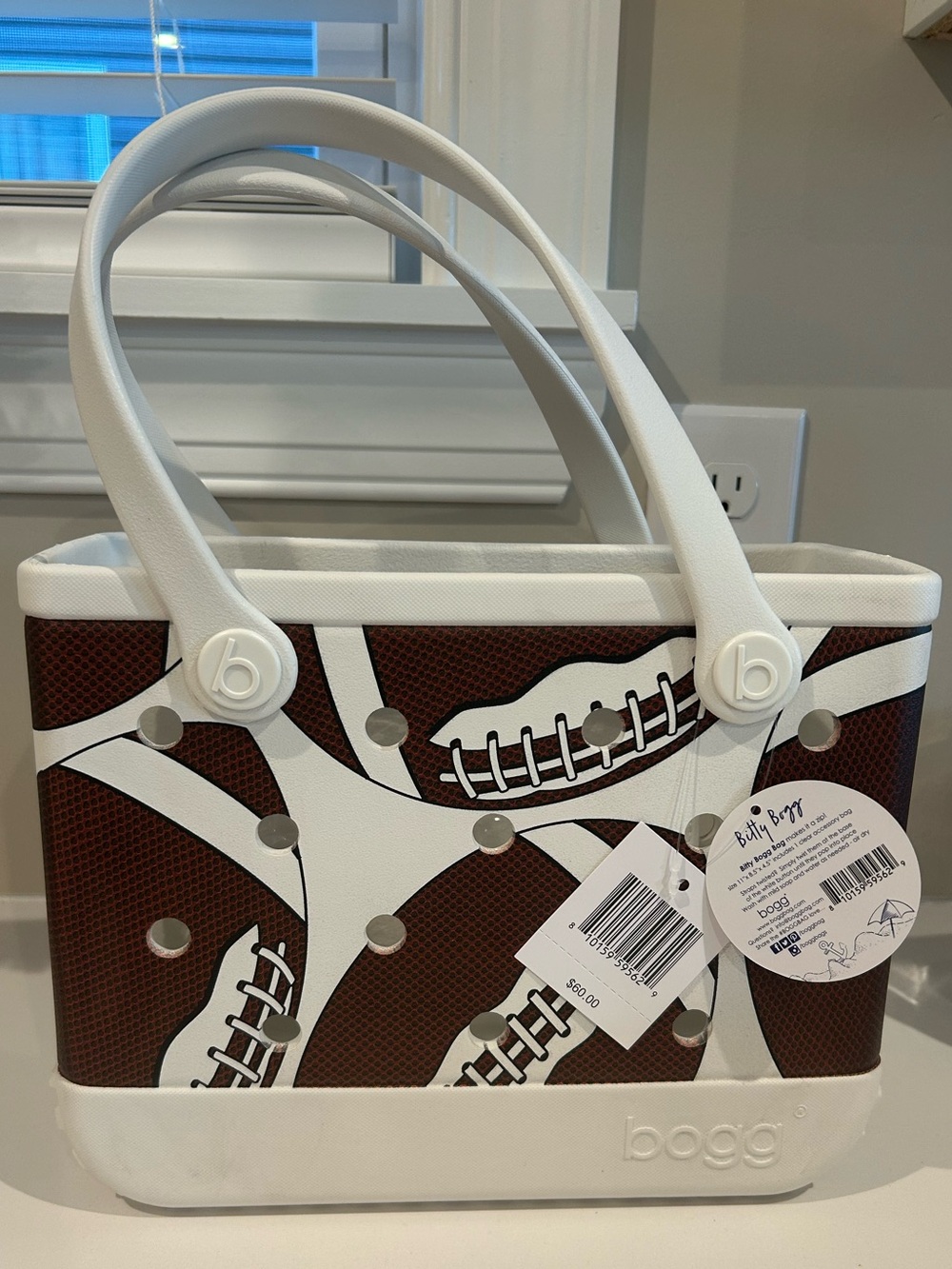 Bitty Bogg Bag White Trim Football Print Tote